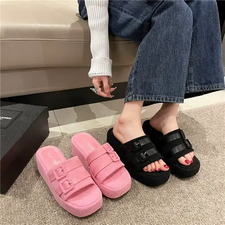 凉拖鞋女夏外穿2024新款松糕厚底坡跟增高一字拖百搭时尚法式拖鞋商品大图