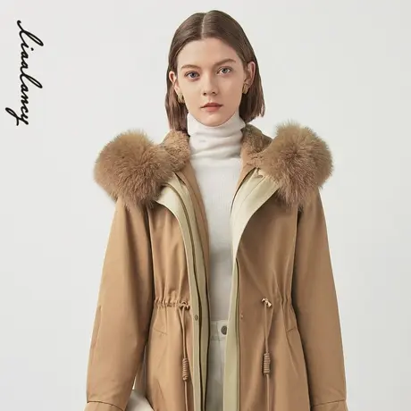 LANCY/朗姿冬季新款长款派克服女收腰显瘦狐狸毛领高级通勤奥莱图片