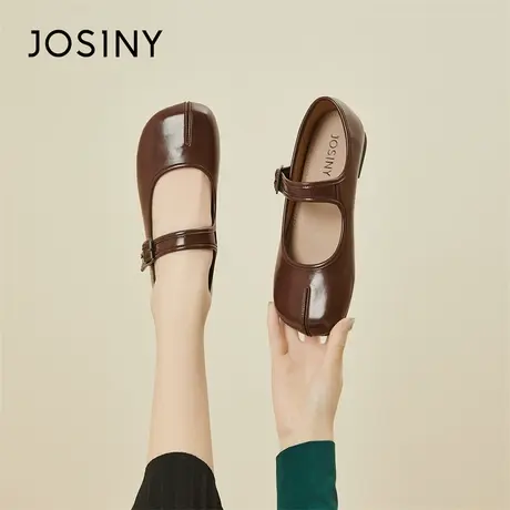 Josiny/卓诗尼玛丽珍鞋女2024新款春季粗跟镂空一脚蹬平底小皮鞋商品大图