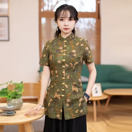 筠雅改良唐装上衣女夏季2023新款年轻款休闲时尚中式盘扣茶服外套商品大图