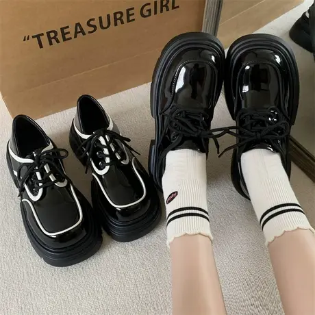 乐福鞋女2024年春季新款配裙子jk大头粗跟单鞋厚底增高英伦小皮鞋商品大图