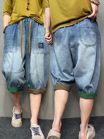 2023夏季新款牛仔裤萝卜裤宽松韩版休闲撞色贴布拼接五分裤休闲裤商品大图