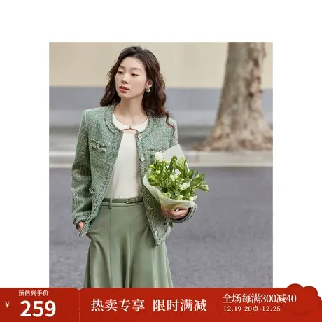 茵曼法式小圆领小香风混色格纹呢外套2023秋女装新款宽松显瘦上衣图片