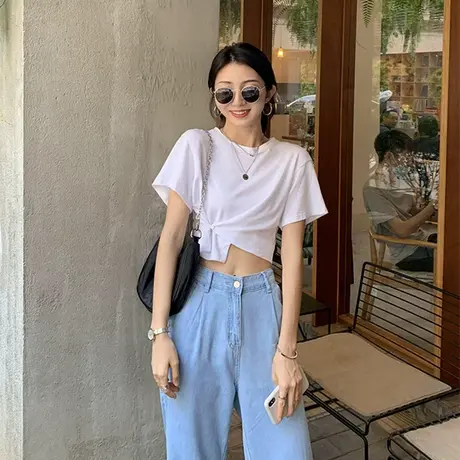 2023春夏两穿短袖T恤女装夏宽松设计感小众高腰露脐短款上衣潮ins商品大图
