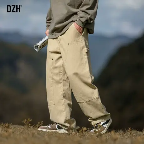 男士卡其色纯棉休闲裤男春秋2023年新款宽松直筒裤美式工装裤长裤商品大图