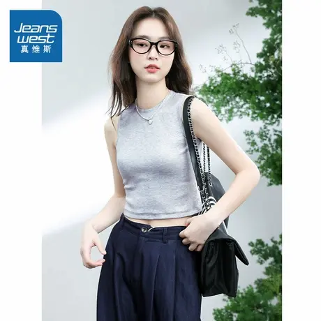 KMV真维斯麻灰色圆领短款背心女2025夏季新款独特超好看单穿上衣图片