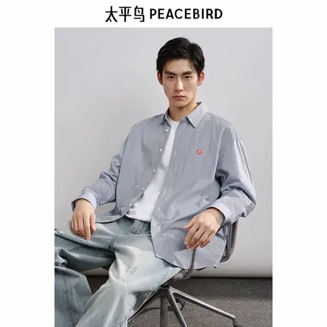 太平鸟男装 休闲衬衫秋季新款蓝白刺绣印花衬衫格纹衬衫男上衣商品大图