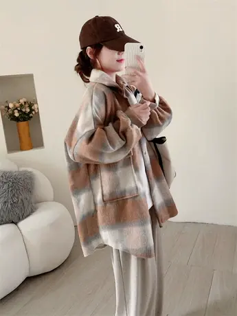 中长款加厚磨毛格子衬衫女秋冬2023年新款宽松休闲设计感外套上衣商品大图