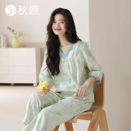 秋鹿双层纱布梭织纯棉抑菌睡衣女士春夏蕾丝花边碎花七分袖家居服商品大图