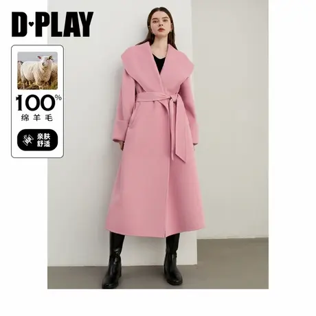 DPLAY【黑标】冬季新款休闲粉色翻领大衣100羊毛双面呢外套女商品大图