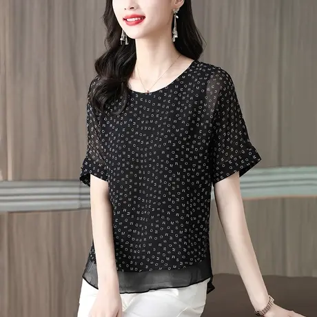 字母印花直筒短袖雪纺衫女2023夏季新款上衣短袖宽松胖mm大码女装图片