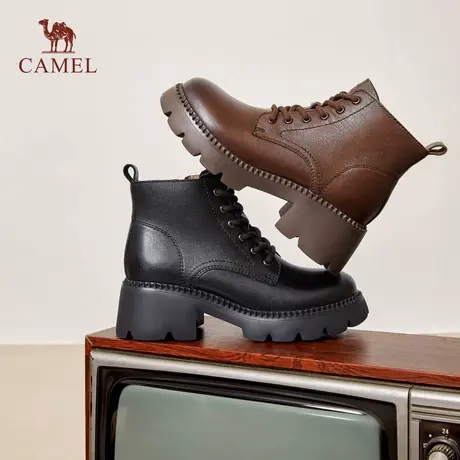 骆驼女鞋2025夏季新款加绒时装靴英伦真皮马丁靴女内增高厚底短靴商品大图