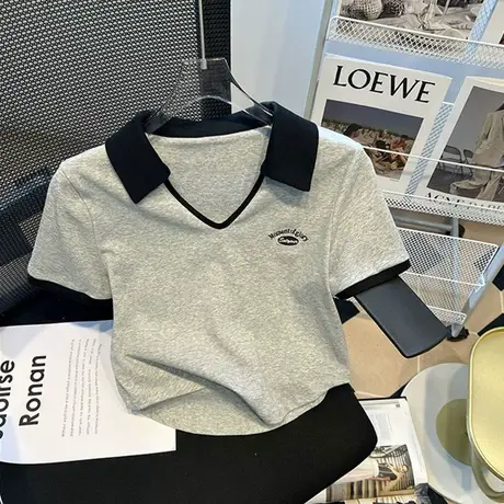 辣妹v领白色针织短袖T恤女夏薄款撞色polo衫修身显瘦高腰短款上衣图片