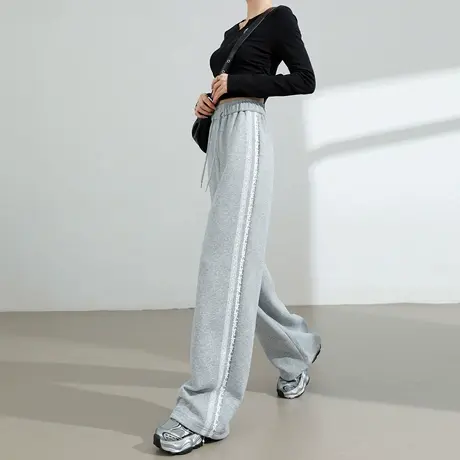 蕾丝花边运动裤女2025春秋新款高腰宽松显瘦直筒阔腿束脚休闲卫裤图片