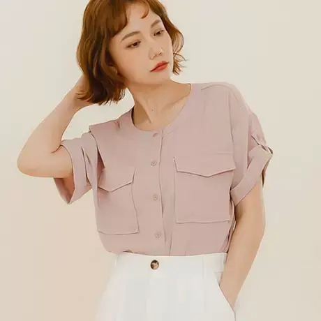 桔熊夏季通勤凉爽圆领雪纺衫口袋工装宽松短袖上衣女大码AB17306图片