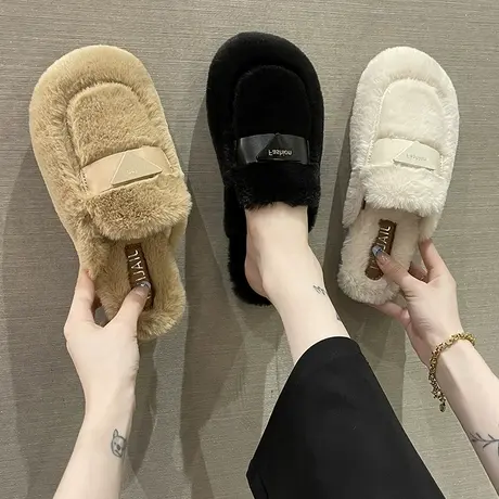 黑色毛毛拖鞋包头半拖鞋女外穿2022秋冬新款网红孕妇平底加绒棉拖商品大图