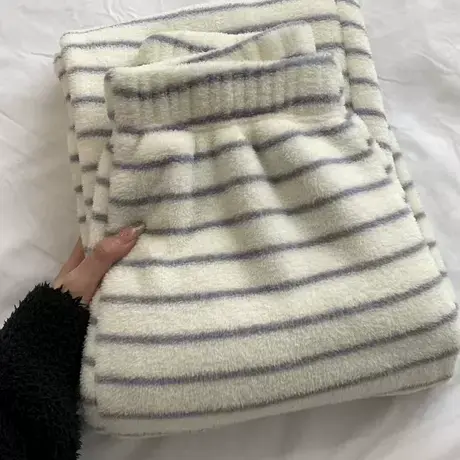 新款！秋冬款保暖雪粒绒韩系条纹睡裤慵懒可爱家居长裤可外穿～商品大图