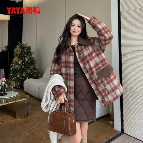 鸭鸭YAYA2025冬新款羽绒服女中长款设计感格子气质宽松韩版外套H商品大图