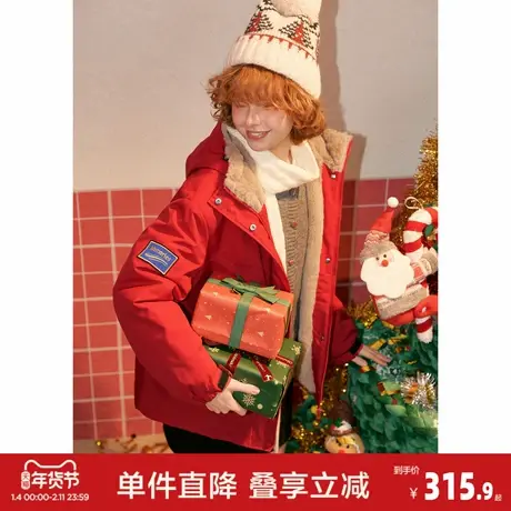 唐狮2026秋冬季加厚外套女仿兔毛拼接连帽短款防寒保暖红色棉衣商品大图