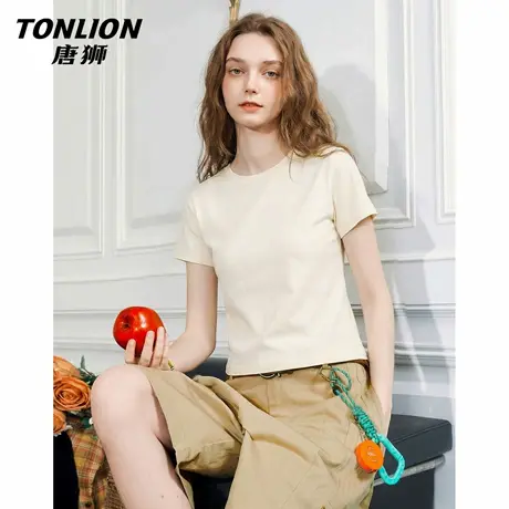 唐狮官方杏色短袖t恤女夏季2026新款女士修身显瘦短款正肩上衣VB图片