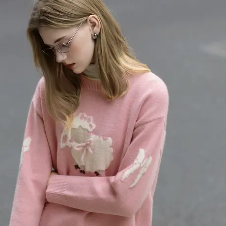 唐狮毛衣女秋冬款可爱小羊女士圆领前胸袖子图案提花毛线衫TMTA图片