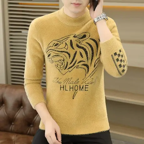 秋冬装水貂绒毛衣男半高领格子打底线衣潮流帅气加厚保暖羊毛衫商品大图