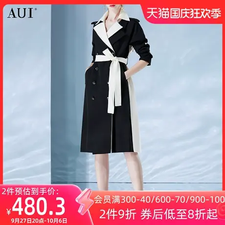 AUI高端大气英伦风中长款风衣2023女秋新款别致西装翻领撞色外套商品大图