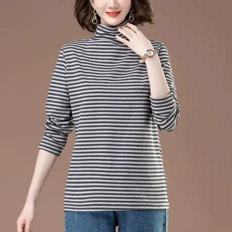 高领打底衫女秋冬新款加肥加大码女装宽松条纹遮肚子显瘦长袖t恤商品大图