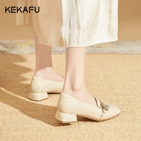 珂卡芙法式粗跟单鞋女秋季2023年新款懒人鞋小皮鞋女一脚蹬乐福鞋商品大图