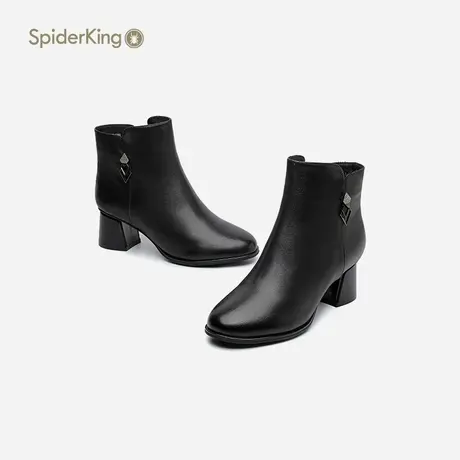 蜘蛛王女鞋2022年春夏季新款百搭圆头粗跟时尚真皮软皮舒适短筒靴商品大图