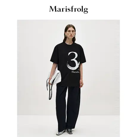 【商场同款】玛丝菲尔30周年2023新款黑色圆领撞色时尚宽松T恤商品大图