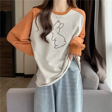 chic复古港味拼色长袖T恤女春秋冬加绒加厚宽松韩版插肩袖上衣服商品大图