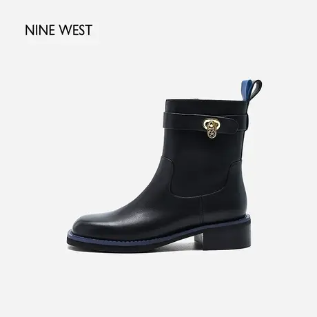 Nine West/玖熙方头撞色粗跟短靴2023冬新款99饰扣英伦风时装靴女图片