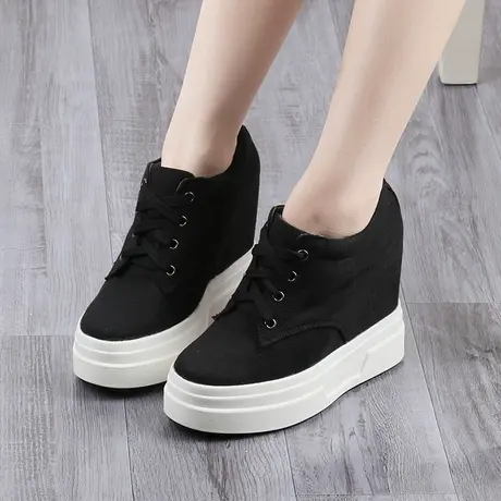 12公分内增高女鞋2023新款坡跟单鞋旅游黑色休闲运动鞋厚底帆布鞋商品大图