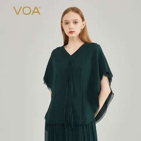VOA真丝三层乔其孔绿色蝙蝠袖V领对丝工艺飘带设计宽松腰O型版T恤图片
