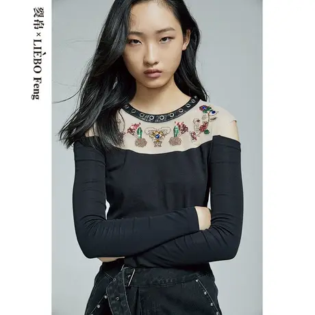 H裂帛LIEBOFeng原创设计2023年国潮立体钉珠露肩刺绣网纱长袖T恤商品大图