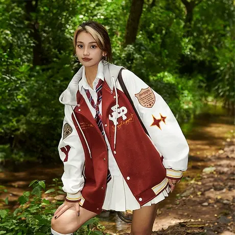 YEP美式棒球服女春秋2023年新款潮牌复古学院风红色外套夹克上衣商品大图