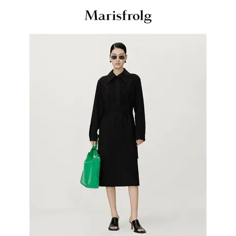 【新能量黑裙】玛丝菲尔时尚气质牙签褶设计衬衫式腰带收腰连衣裙商品大图
