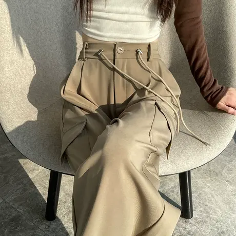 卡其色美式甜酷高腰直筒工装裤女春秋新款显瘦束脚休闲阔腿运动裤商品大图