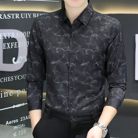 印花衬衫男长袖2022秋季轻商务职业正装休闲寸衫修身男装免烫衬衣商品大图