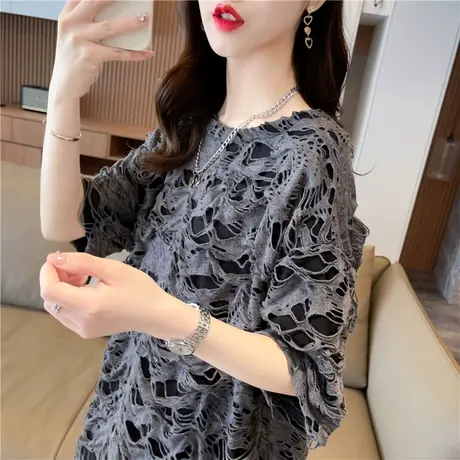 小众设计感短袖t恤女夏季韩版宽松大码女装中长款破洞半袖上衣服商品大图