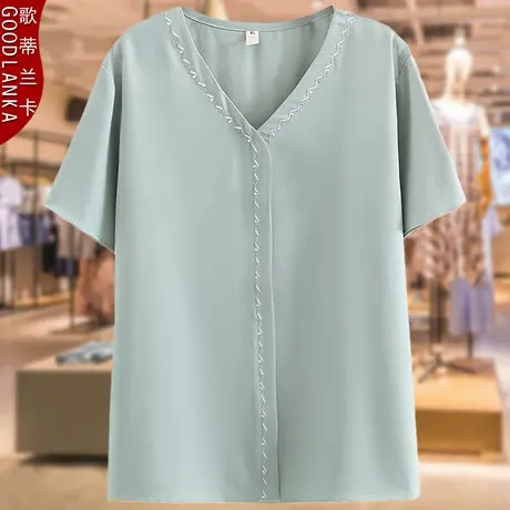 夏季中年大码女雪纺衫薄款洋气时尚胖妈妈装V领纯色绣花短袖上衣商品大图