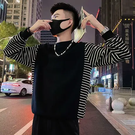 假两件套头毛衣男秋冬季潮流痞帅拼接撞色上衣青年轻熟针织衫体恤商品大图