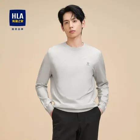 HLA/海澜之家修身长袖针织衫2023秋季新款提花圆领柔软套头毛衣男图片