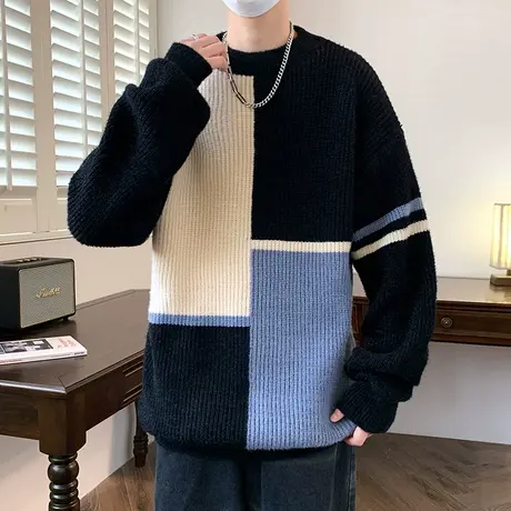 撞色拼接毛衣男冬季圆领针织衫男潮牌痞帅内搭打底衫加厚保暖线衣商品大图