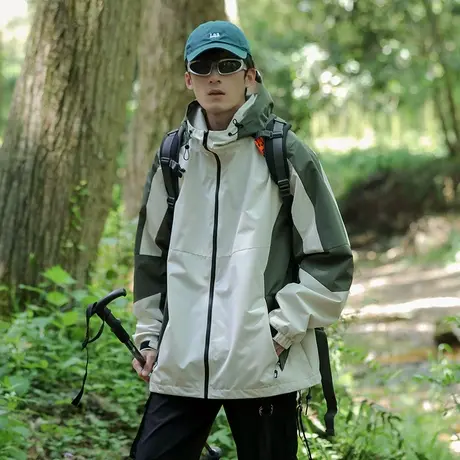 2023春秋季新款男女同款户外冲锋衣潮流撞色夹克防风连帽外套男款商品大图