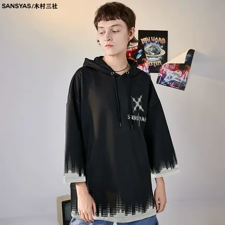 木村三社SANSYAS 黑白色美式复古卫衣高街男连帽七分袖t恤男士商品大图