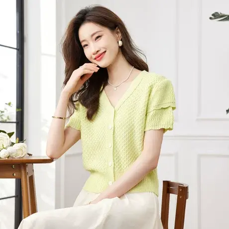 时尚短袖针织衫2023年夏季新款淑女温柔气质百搭V领显瘦开衫上衣商品大图