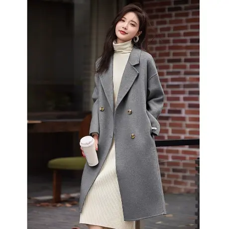 时尚双面呢大衣2023年冬季新款女翻领韩版温柔淑女气质绵羊毛外套商品大图