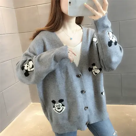 2023秋季新款韩版宽松V领长袖针织开衫女网红时尚卡通毛衣外套潮图片